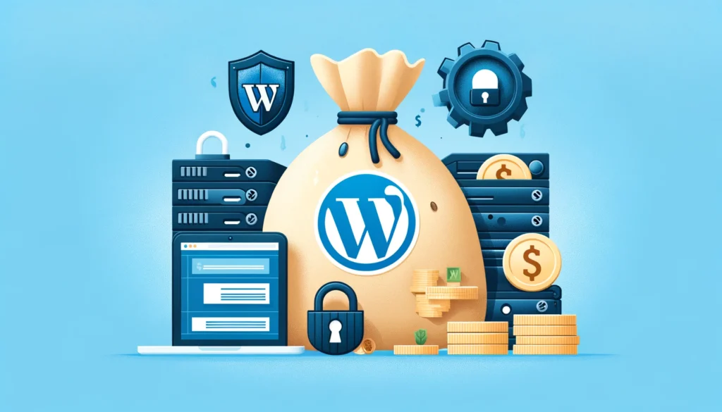 DALL·E 2024-05-16 05.47.02 - A blog header image showing hidden costs associated with WordPress. The image should feature a WordPress logo with a money bag, icons of hosting serve czy wordpress jest darmowy