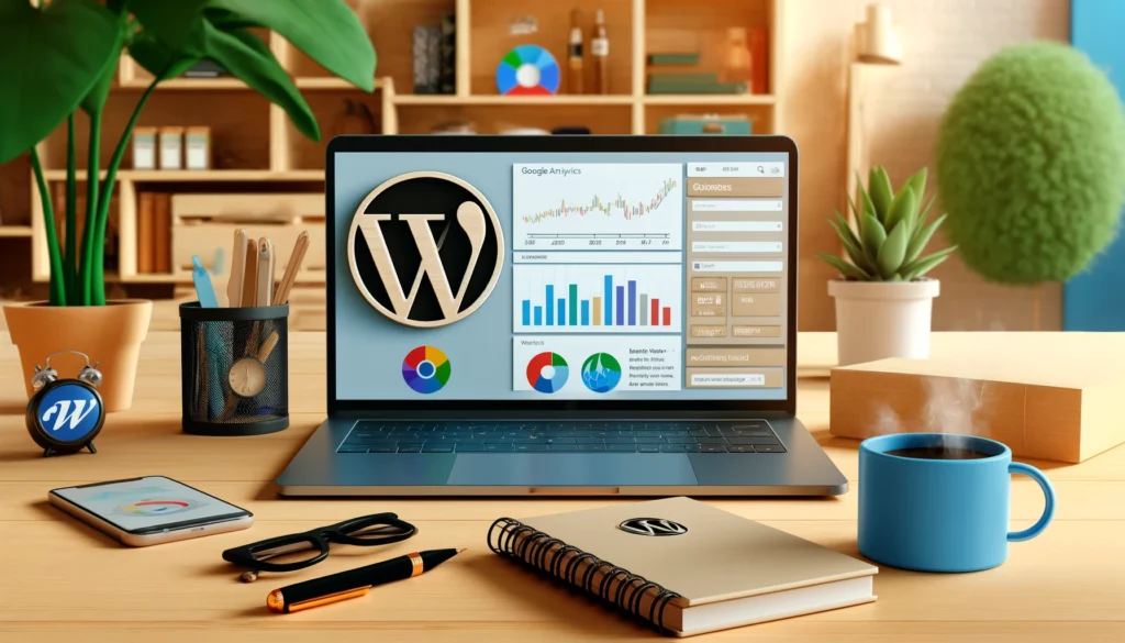DALL·E 2024-05-30 16.39.39 - A laptop screen displaying Google Analytics dashboard with charts and graphs, beside it, WordPress logo. The background features a creative workspace Konfiguracja Google Analytics na WordPress
