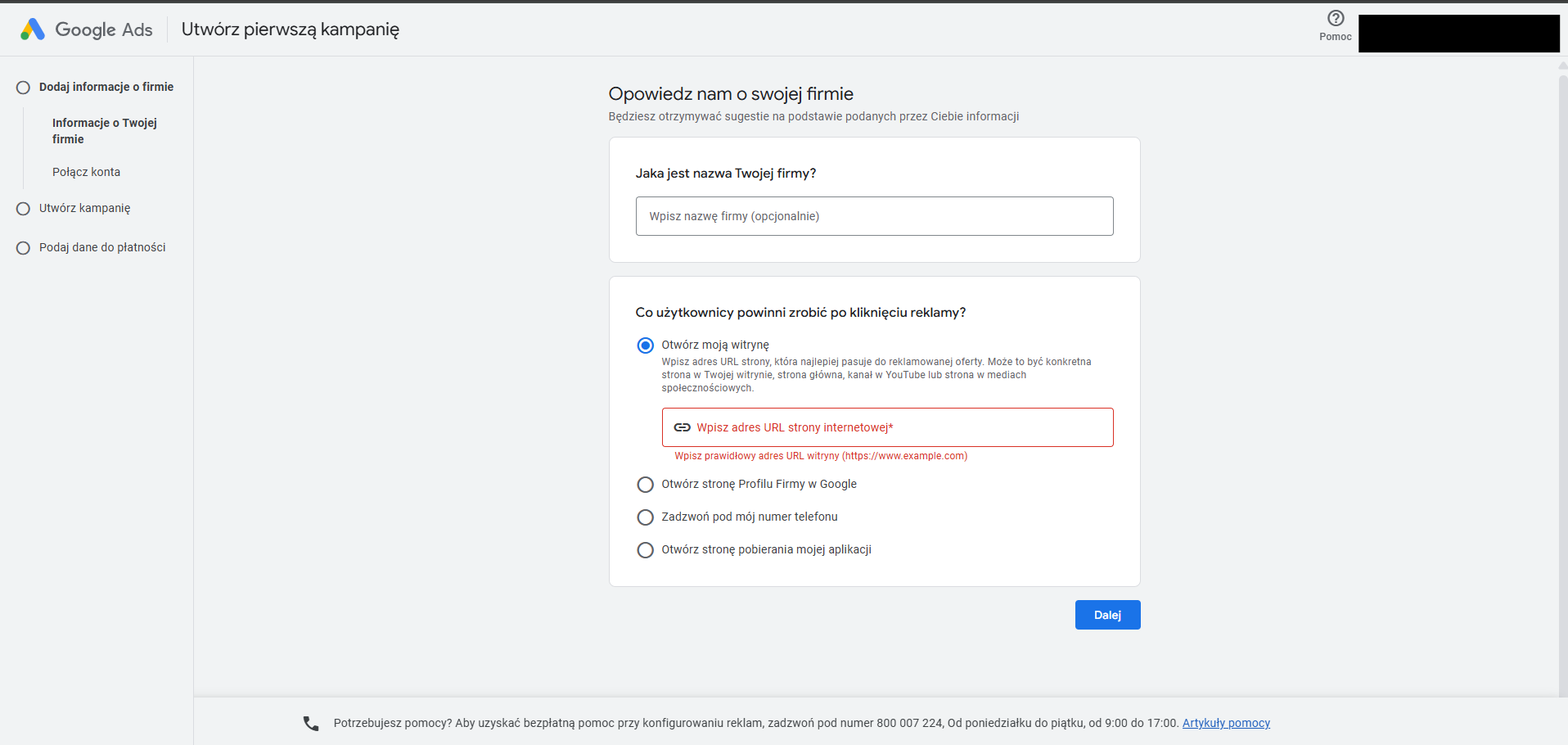 dane firmy podczas zakładania konta w google ads