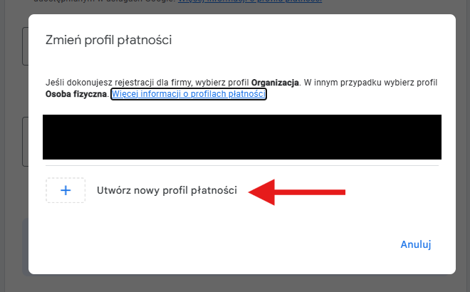 nowy profil płatności google ads